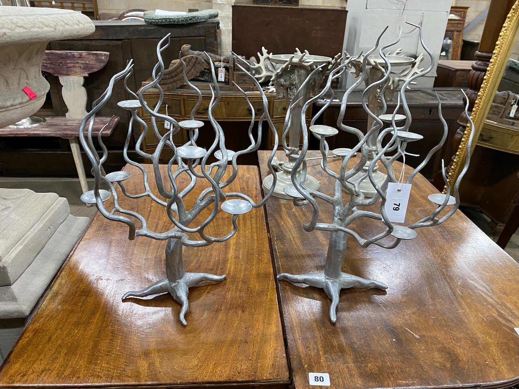 A pair of Michael Aram style contemporary metal tree candle holders, height 49cm